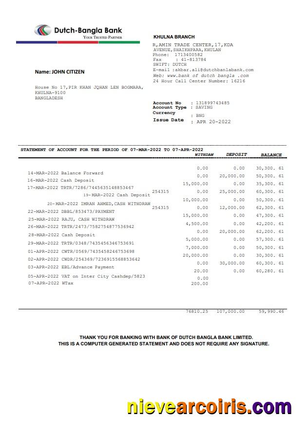 Bangladesh Dutch-Bangla bank statement